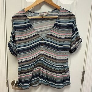 gypsies and moondust SZ L Striped Vneck 1/2 Button Up Top Blouse Hippie Boho